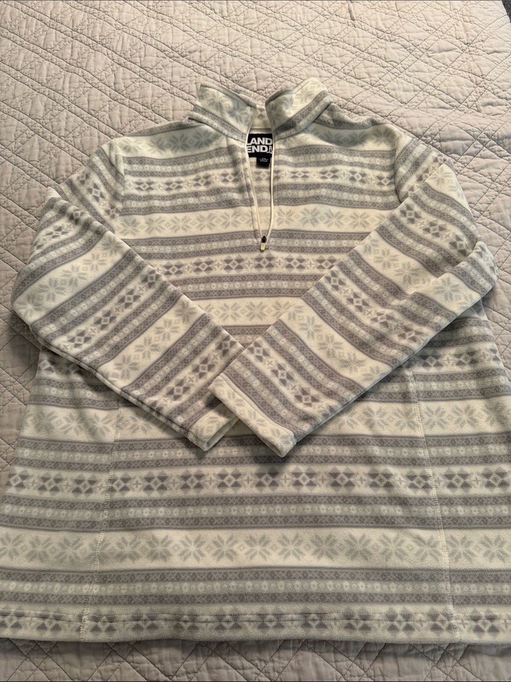 Lands' End Women’s Light Gray and White Fair Isle Quarter-Zip Fleece Sweater
